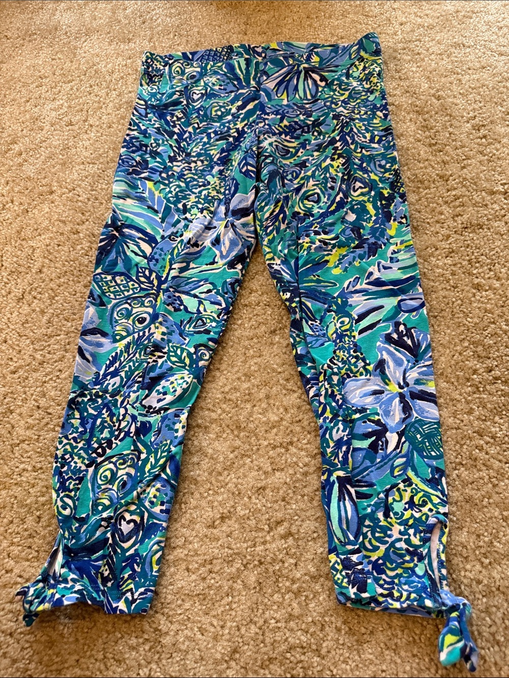 Lilly Pulitzer Blue, Green & Yellow Floral Tie-Hem Kids Leggings